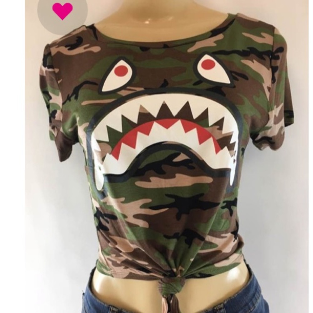 Army Green Camo Shark Shirt Sleeve Tee Shirt Top Bape look